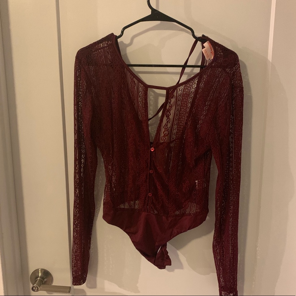 Showpo Maroon body suit with open back and ties.